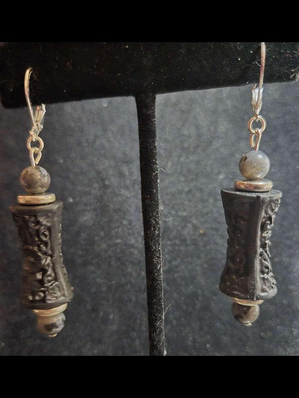 Artisan Black Carved Cinnabar And Larvikite Earrings - Picture 3 of 3